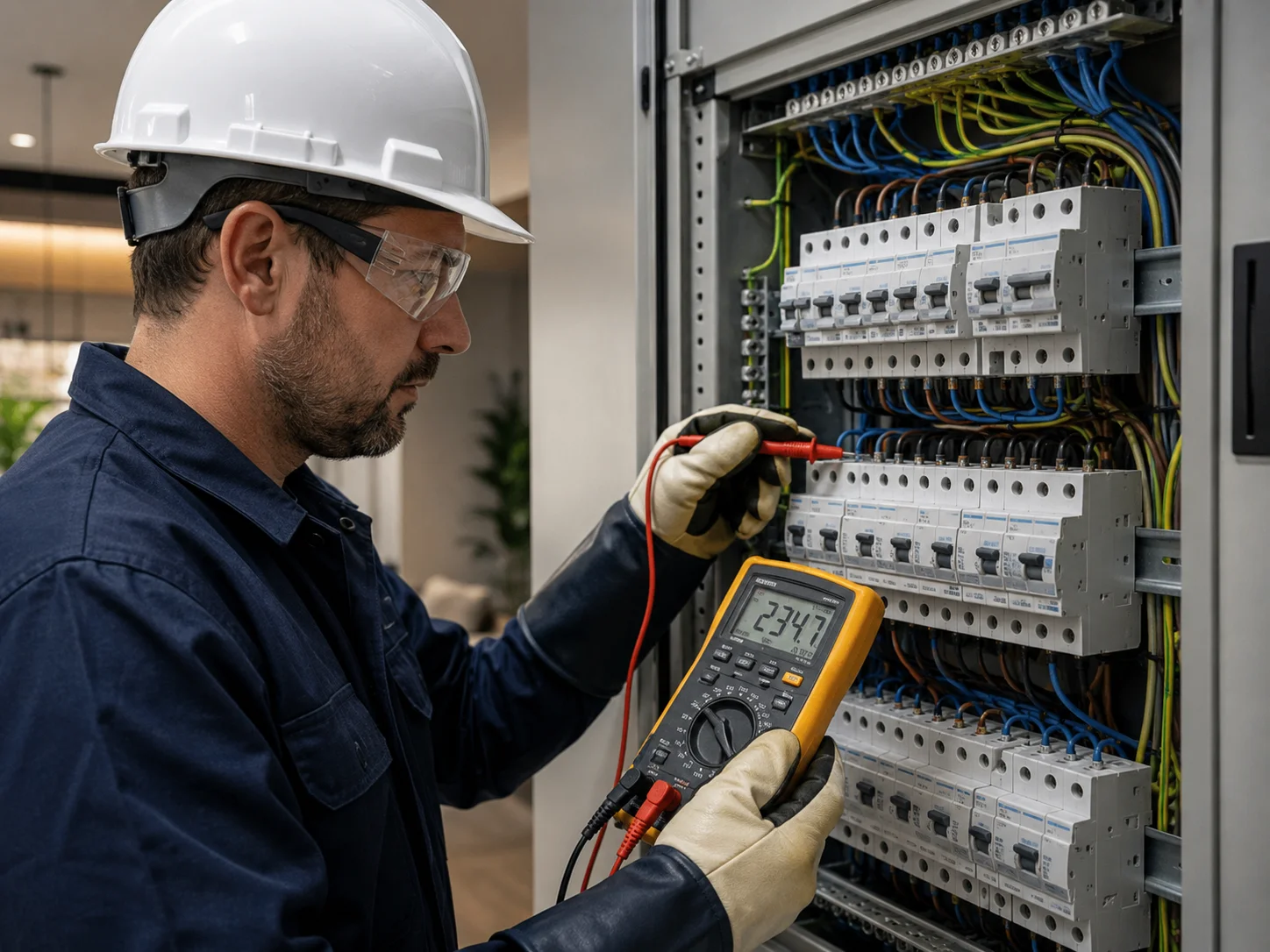 Eletricista técnico certificado utilizando multímetro digital em quadro elétrico industrial