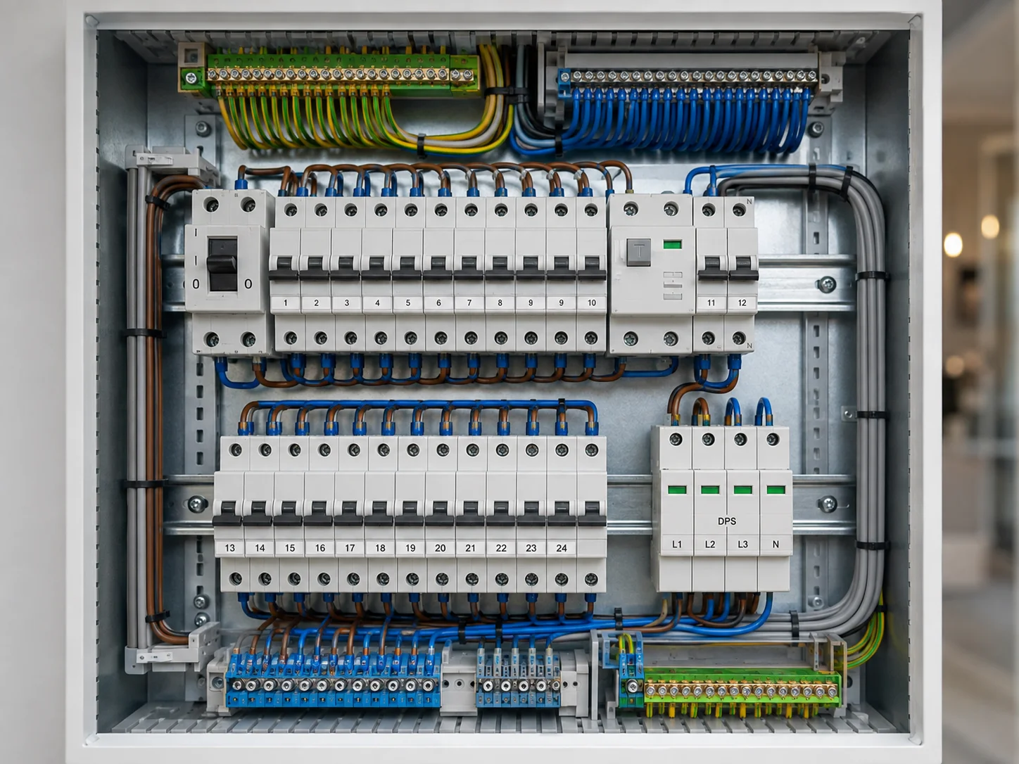 Quadro de distribuição com disjuntores, DR e DPS